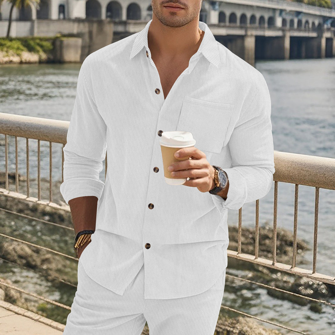 Herren gestreiftes Langarmshirt mit modischem Stehkragen und praktischer Brusttasche R&B
