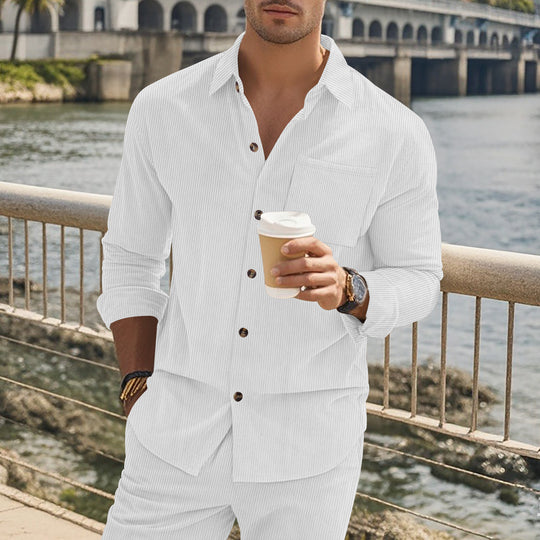 Herren gestreiftes Langarmshirt mit modischem Stehkragen und praktischer Brusttasche R&B