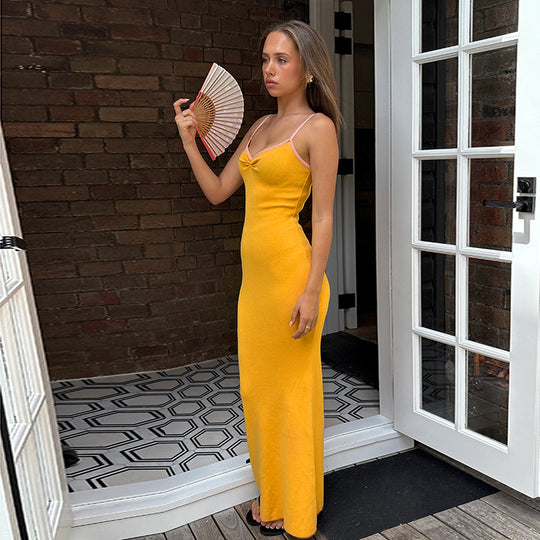 Damen bodenlanges Sommerkleid mit verstellbaren Spaghetti-Trägern und raffiniertem Schnitt R&B