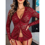 Damen Transparente Spitzenbluse mit knöpfbarem Ausschnitt und langem Arm R&B