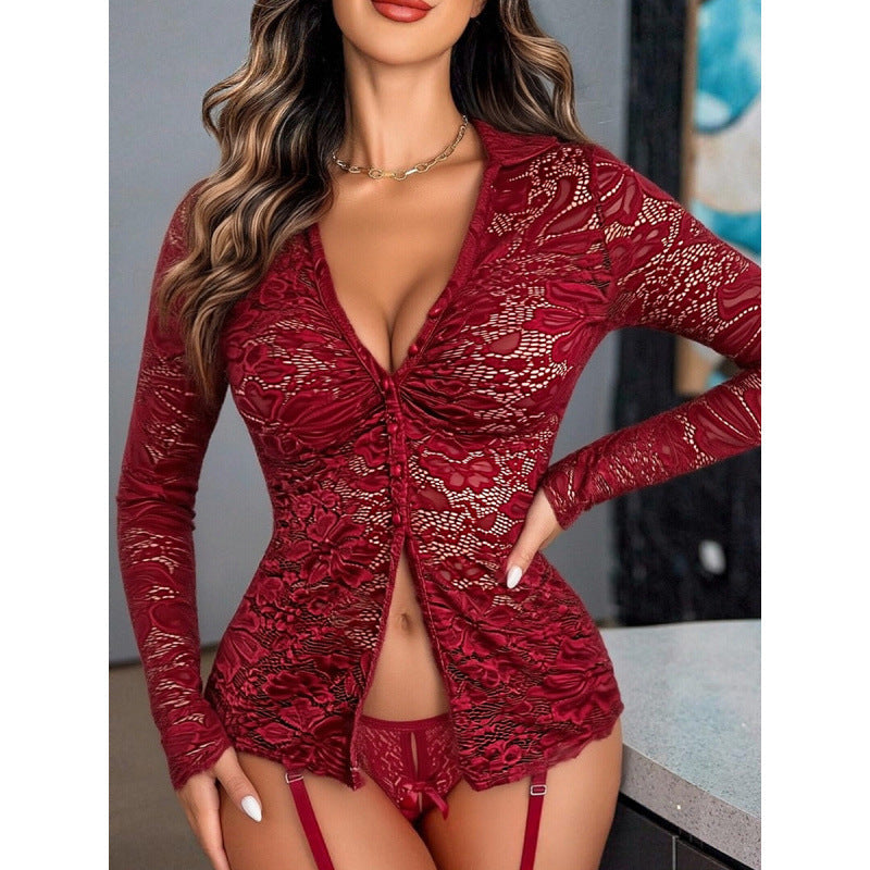 Damen Transparente Spitzenbluse mit knöpfbarem Ausschnitt und langem Arm R&B
