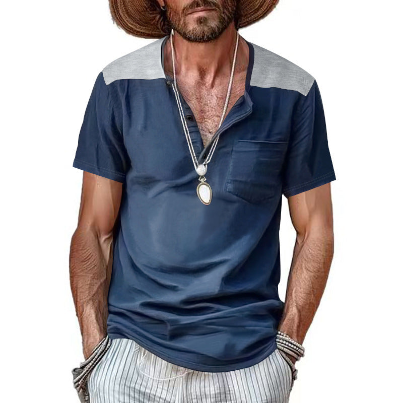 Herren nan Kurzarm-Henleyshirt aus weicher Baumwollmischung mit Brusttasche und Schulterblende R&B