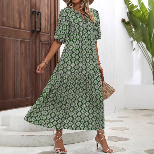 Damen nan luftiges Maxikleid mit geometrischem Ethno-Print, gerafftem Stufenrock und Schlüssel-Ausschnitt R&B
