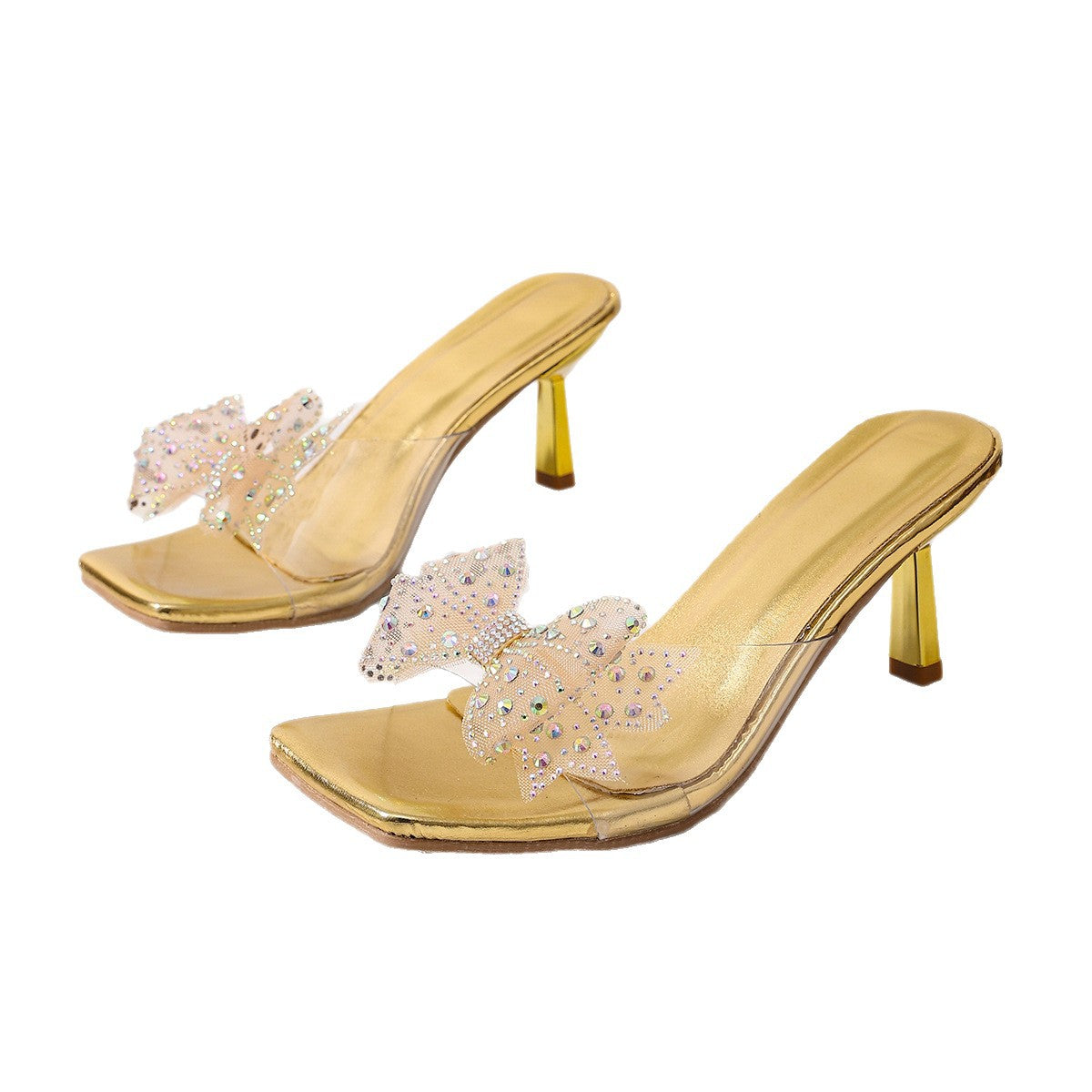 Damen Glamouröse Sandalen mit funkelndem Schleifen-Detail und transparentem Design EB