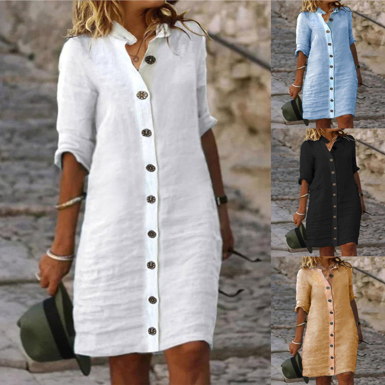 Damen Leinenhemdkleid mit Knopfleiste und umschlagbaren Ärmeln