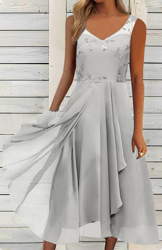 Damen nan A-Linien-Chiffonkleid mit floralem Stickoberteil, V-Ausschnitt, drapiertem Godet-Schwung und verdeckten Seitentaschen R&B