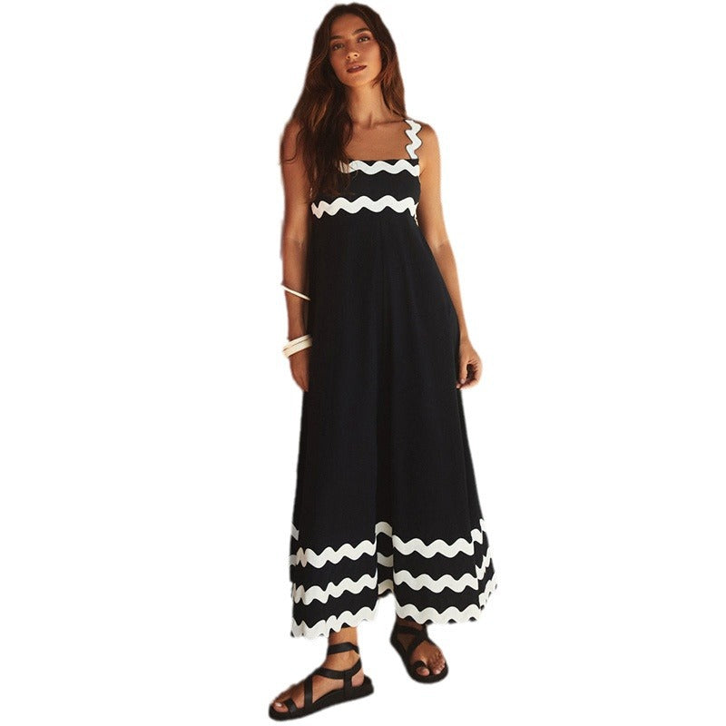 Damen Maxikleid mit elegantem Wellenmuster und fließendem Rock R&B