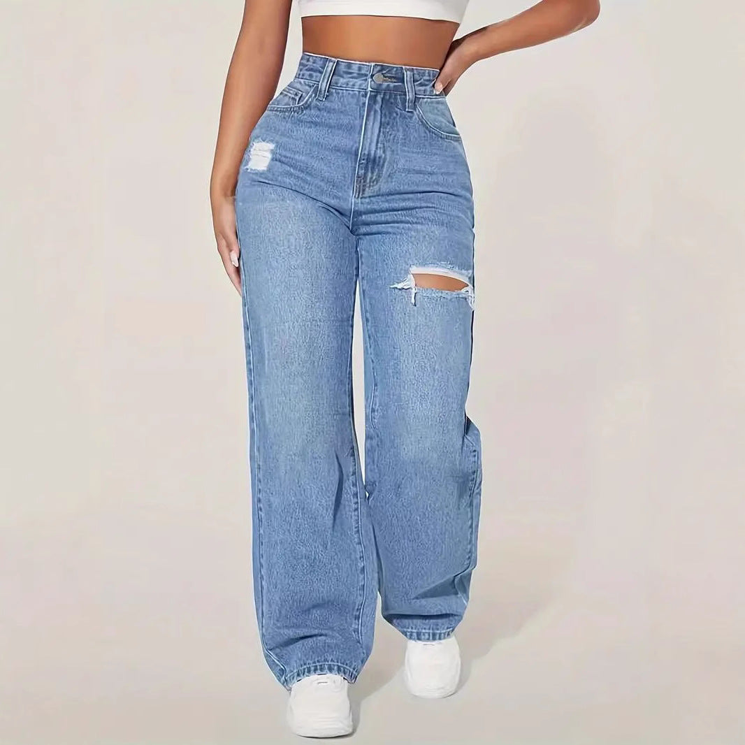 Damen Weite Denim-Hose mit trendigen Rissdetails und hohem Bund R&B