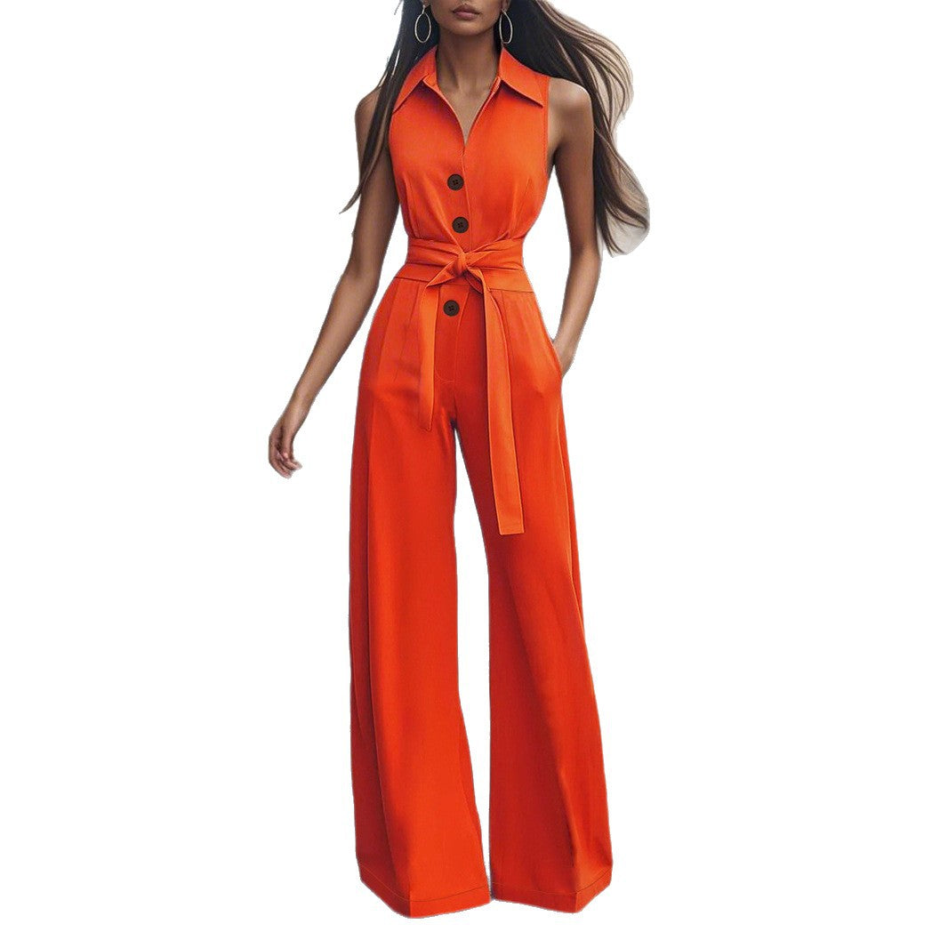 Damen Eleganter Jumpsuit mit schickem Kragen und Taillengürtel R&B