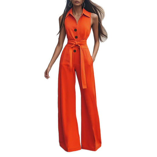 Damen Eleganter Jumpsuit mit schickem Kragen und Taillengürtel R&B