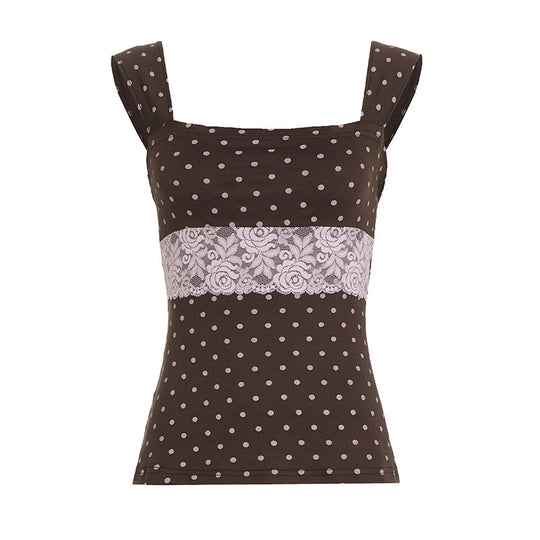 Damen Spaghetti-Trägertop mit Spitzeneinsatz und verspieltem Punktdesign R&B