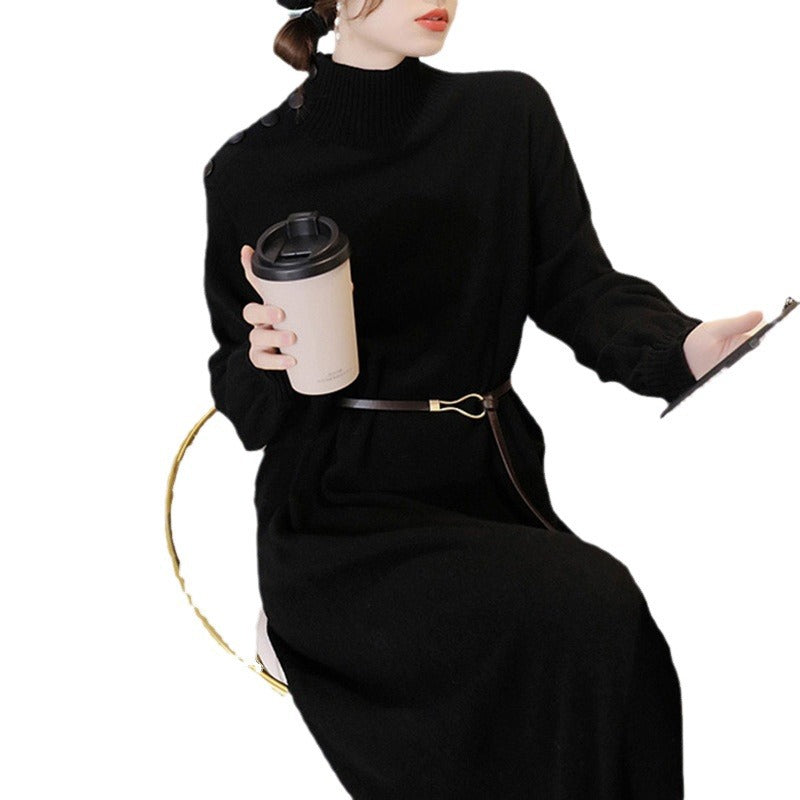 Damen Elegantes Strickmaxikleid mit hochgeschlossenem Kragen und dekorativen Knöpfen R&B