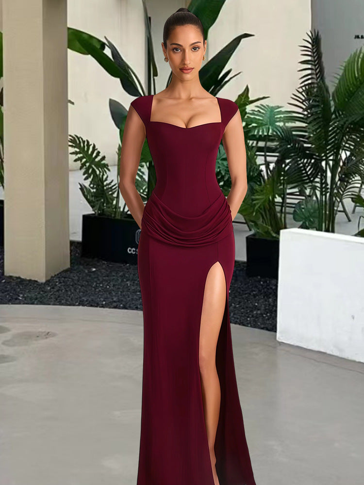 Damen Elegantes Maxikleid mit tiefem V-Ausschnitt und seitlichem Schlitz R&B