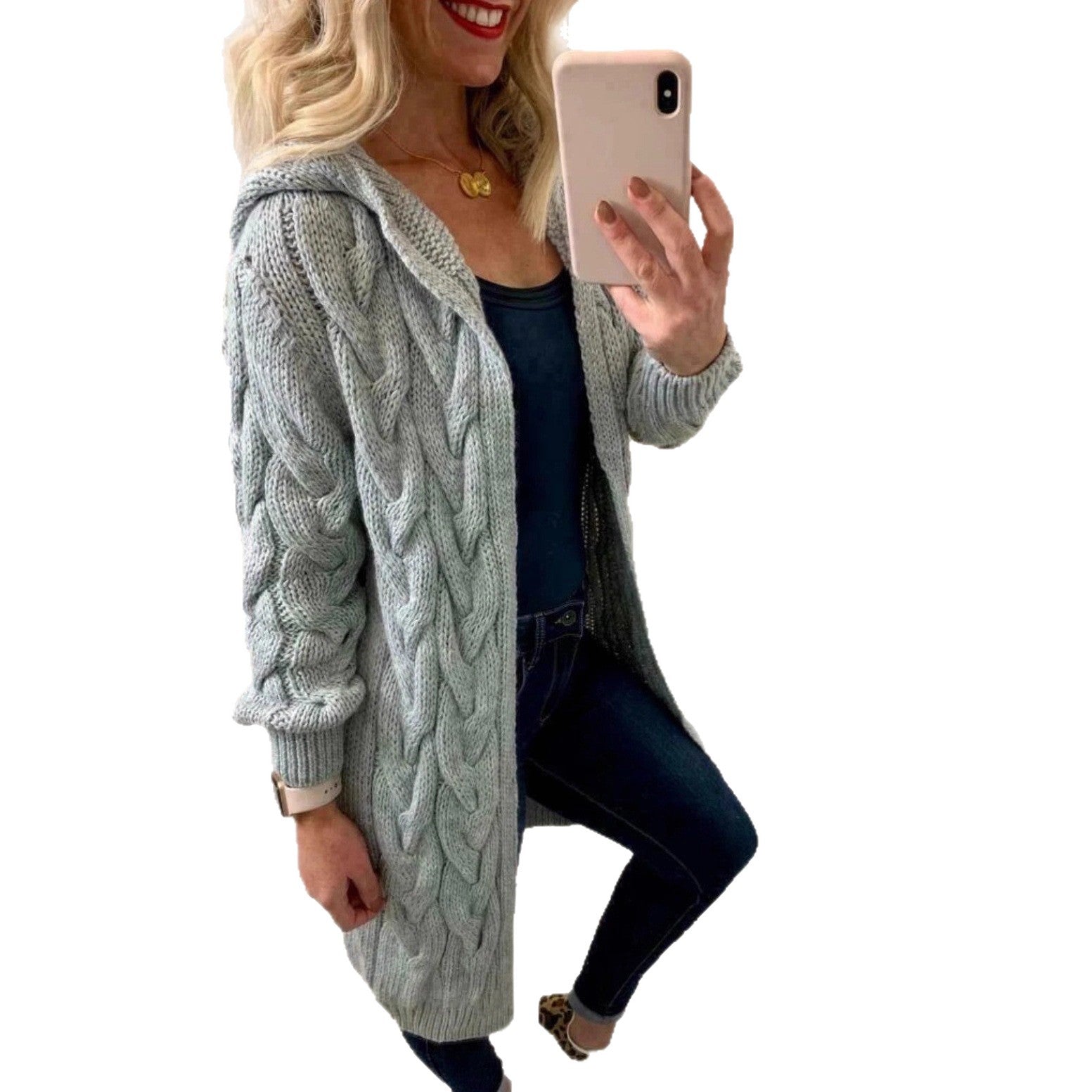 Damen Grobstrick-Cardigan mit Kapuze und Zopfmuster R&B