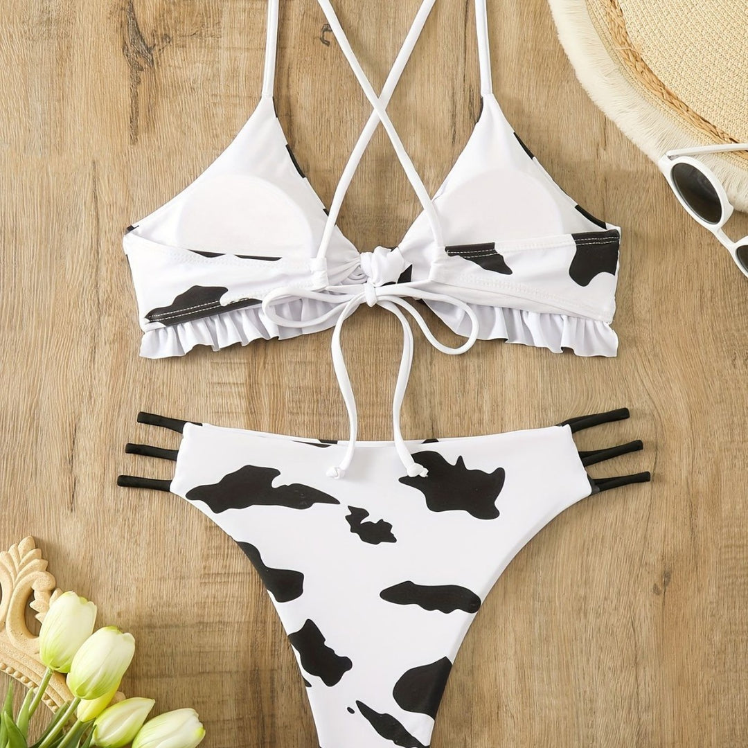 Damen Triangel-Bikini mit franjendetail und verspieltem Kuhmuster R&B