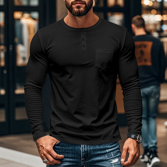 Herren Langarmshirt mit Knopfleiste und Brusttasche R&B