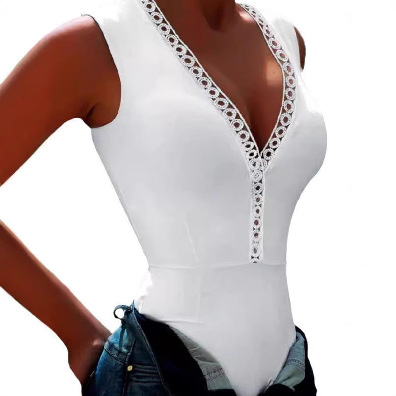 Damen Bodysuit mit dekorativem V-Ausschnitt und Spitzenbesatz