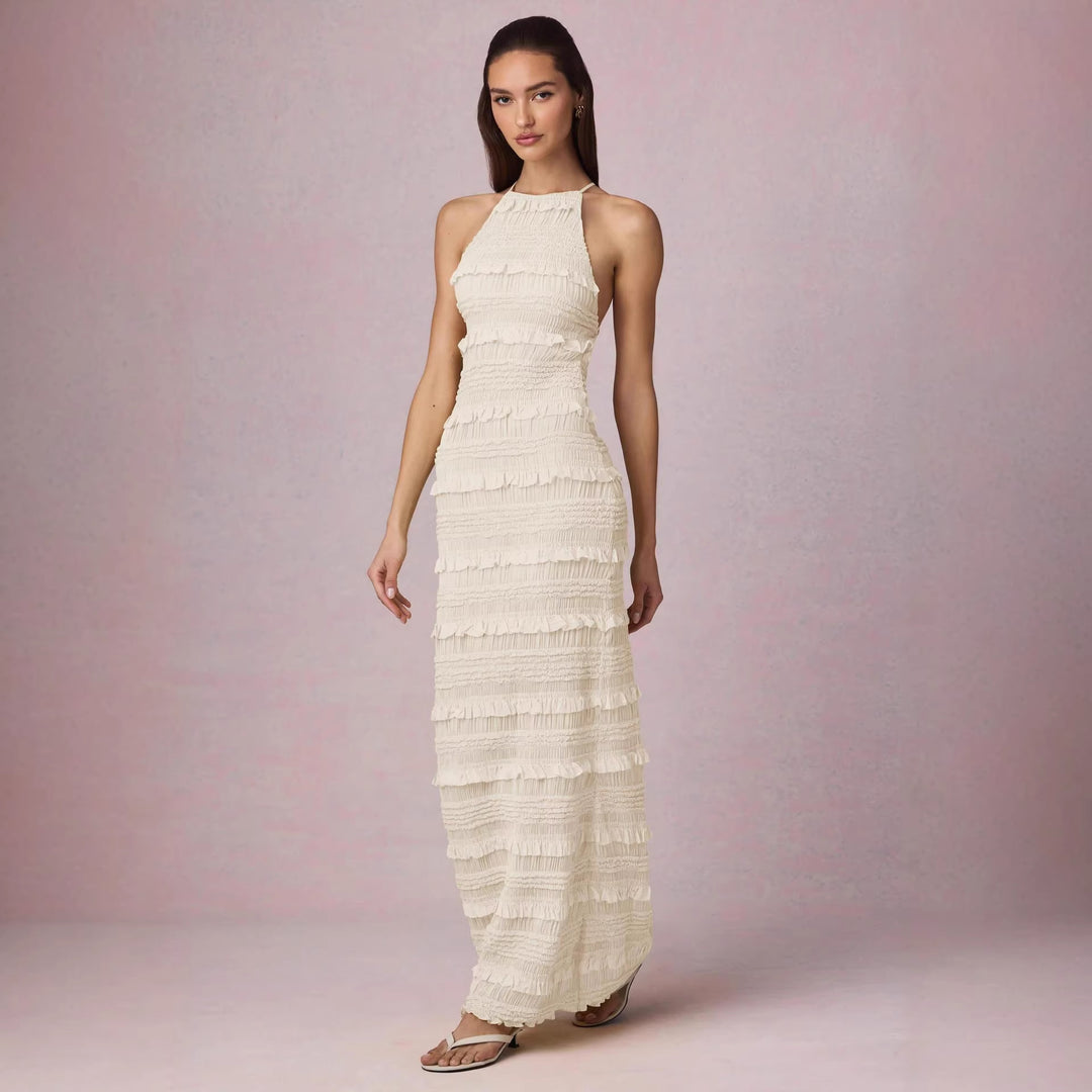 Damen Maxi-Kleid mit fransendem Design und elegantem Halterneck R&B