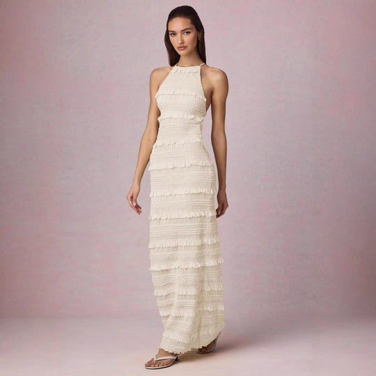 Damen Maxi-Kleid mit fransendem Design und elegantem Halterneck R&B