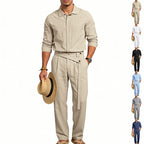 Herren nan eleganter Leinen-Zweiteiler mit Hemd und Hose mit hohem Bund und Bindegürtel R&B