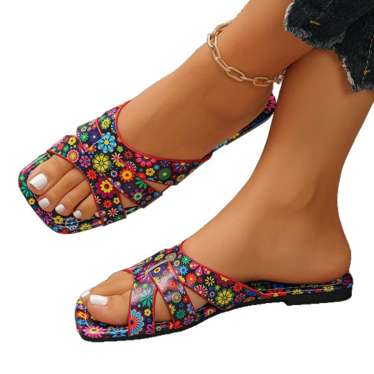 Damen modische Riemensandalen mit buntem Blumenmuster R&B