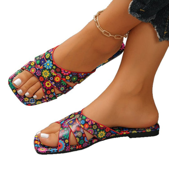 Damen modische Riemensandalen mit buntem Blumenmuster R&B