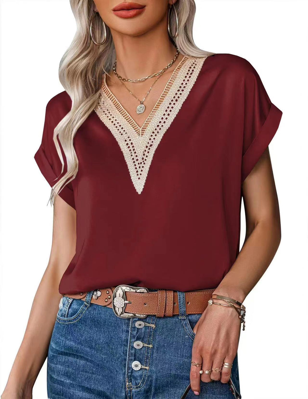 Damen Satin Bluse mit elegantem V-Ausschnitt und raffinierten Spitzenakzenten R&B
