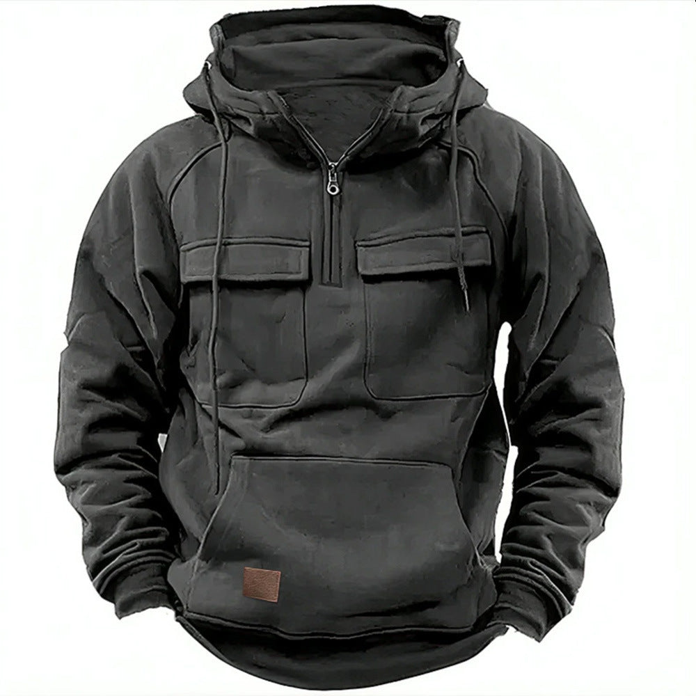 Herren Utility Hoodie mit aufgesetzten Taschen und halbem Reißverschluss