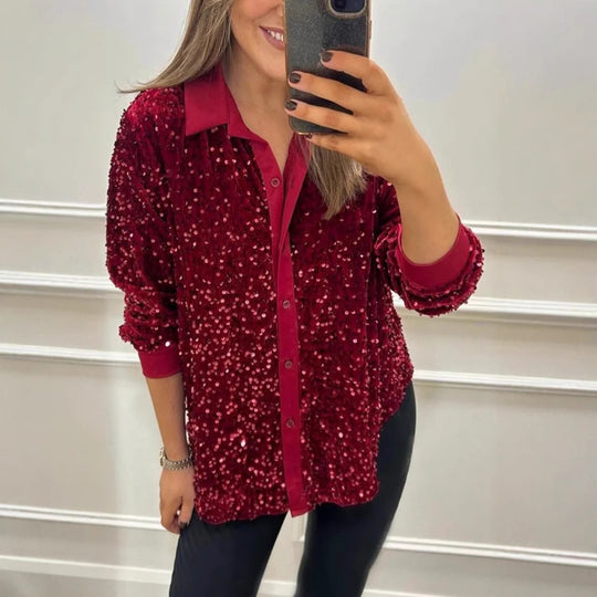 Damen nan glitzernde Pailletten-Hemdbluse mit Kragen, Knopfleiste und elastischen Manschetten R&B