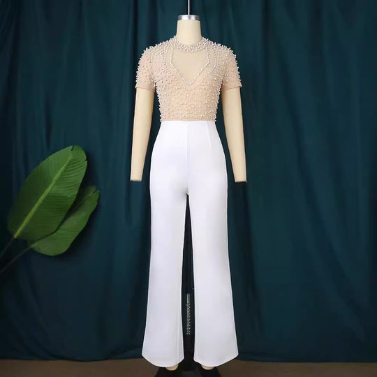 Damen eleganter Jumpsuit mit glitzernden Perlenakzenten R&B