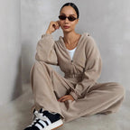 Damen nan kurzes Kapuzen-Loungewear-Set mit durchgehendem Reißverschluss, elastischem Komfortbund und gerippter Struktur R&B