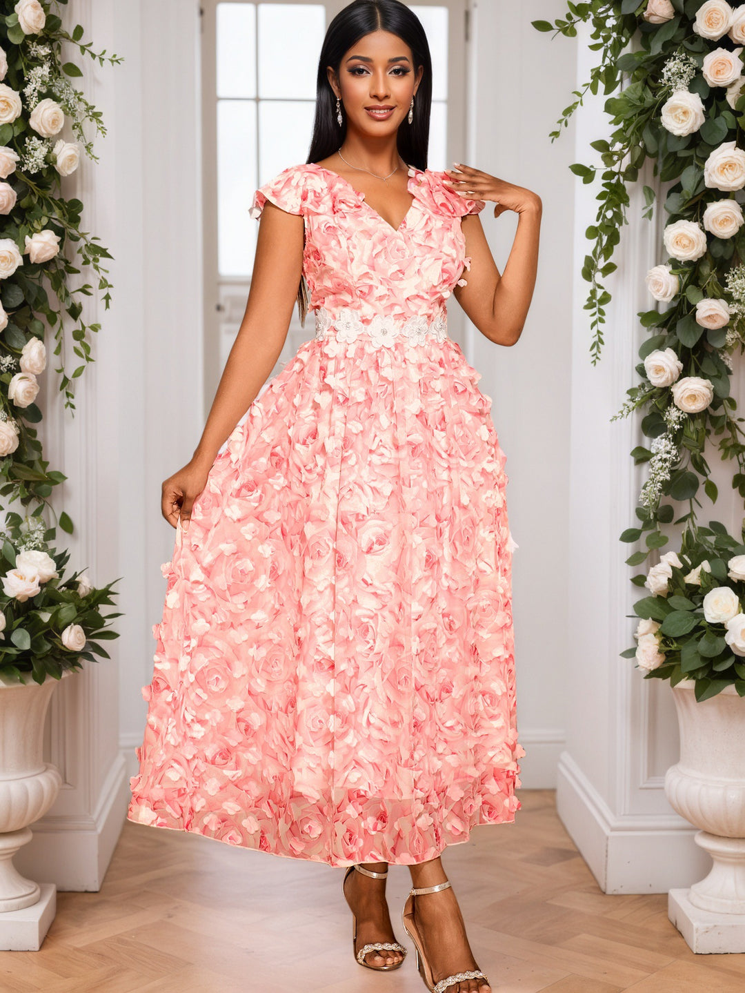 Damen Elegantes Maxikleid mit floralen Rüschen R&B