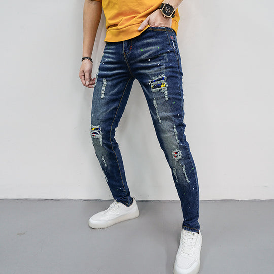Herren Skinny Fit Jeans mit kreativen Farbklecksen und Rissdesign R&B