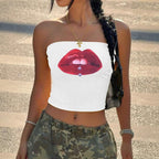 Damen Bandeau-Top mit auffälligem Lippenmotiv und figurbetontem Schnitt R&B