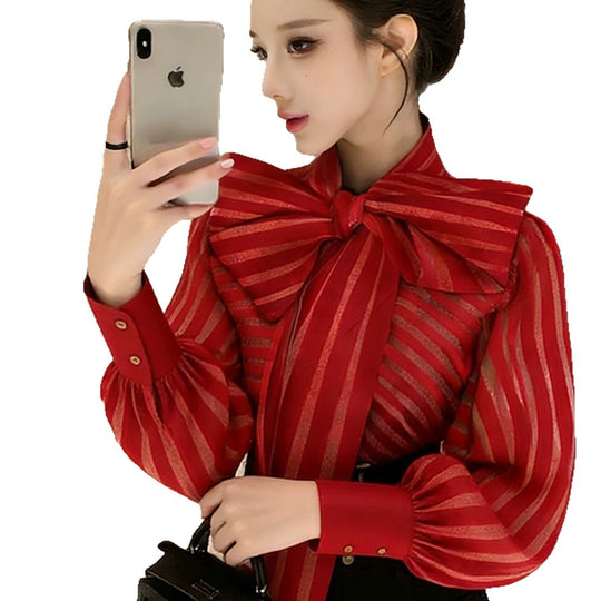 Damen Elegante Bluse mit voluminösem Schleifenkragen und trendigem Streifenmuster R&B