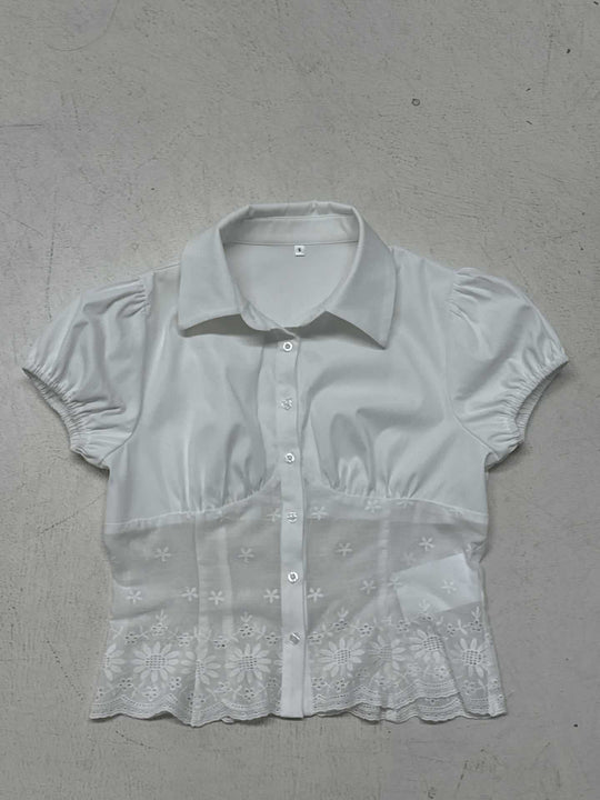 Damen Bluse mit eleganter Spitzenverzierung und Puffärmeln R&B