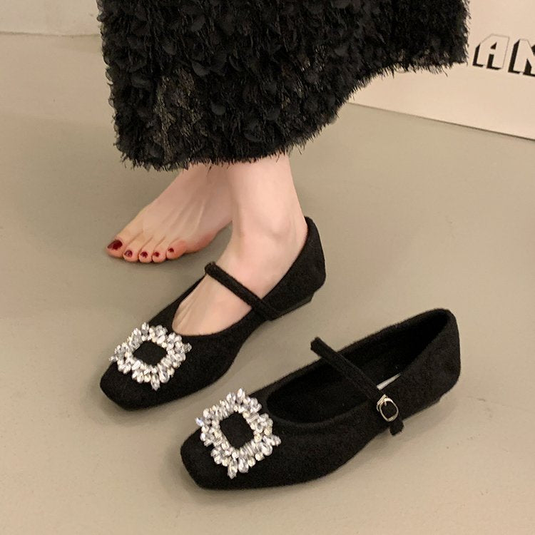 Damen Filz-Ballerinas mit eleganter Schnallenverzierung und funkelndem Kristallschmuck R&B