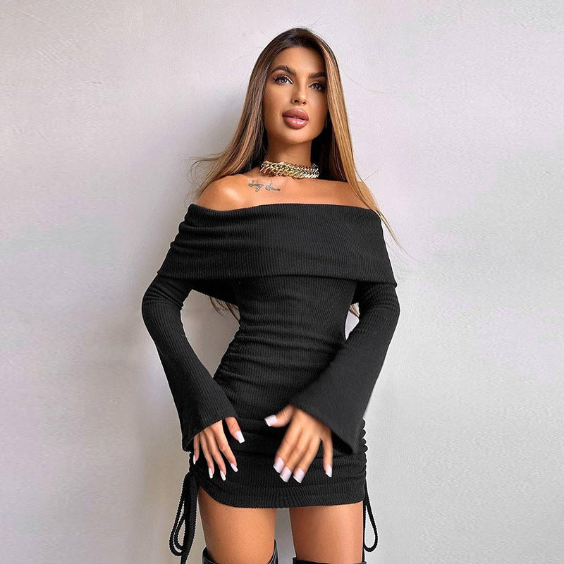 Damen Off-Shoulder Mini-Kleid mit Raffung und langen Ärmeln R&B