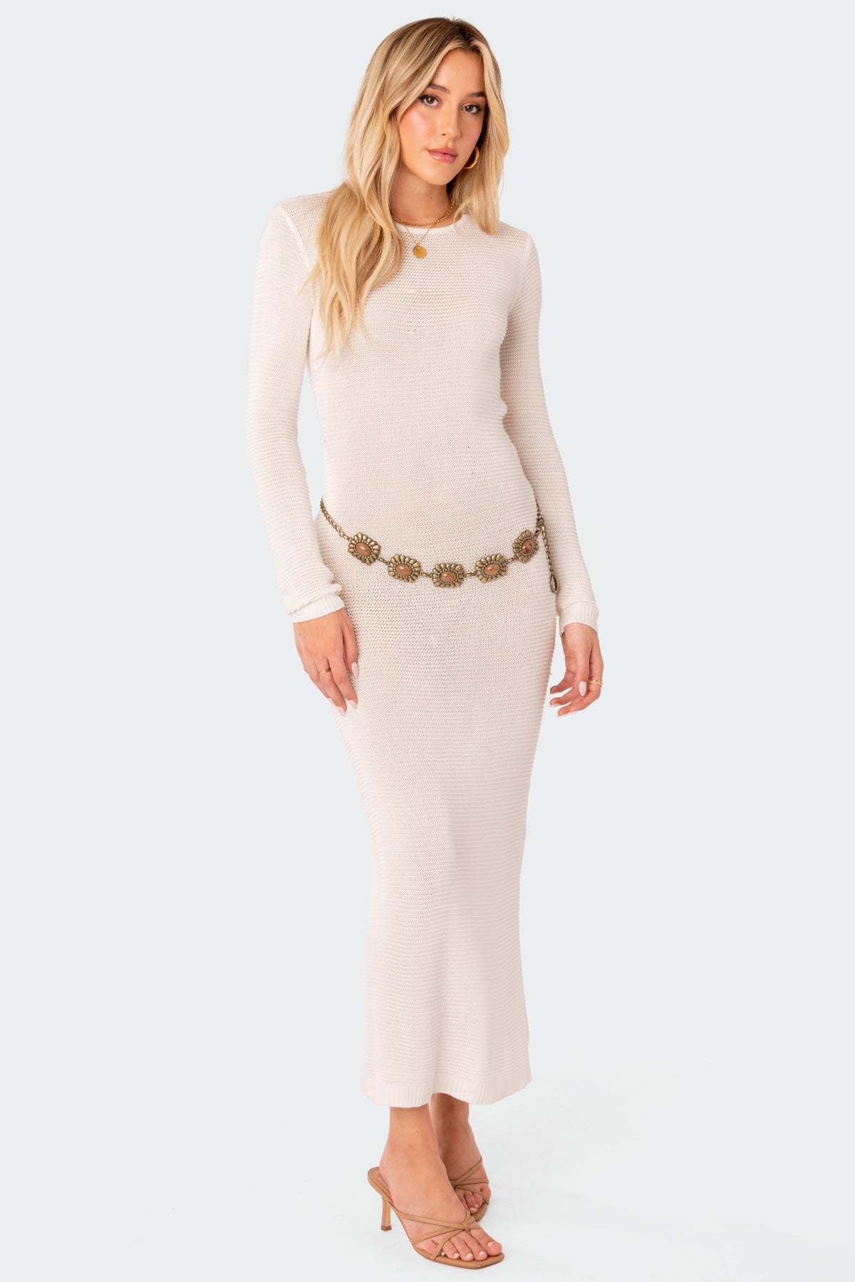 Damen elegantes Strick-Maxikleid mit Schnittdetails und stilvollem Ärmel R&B