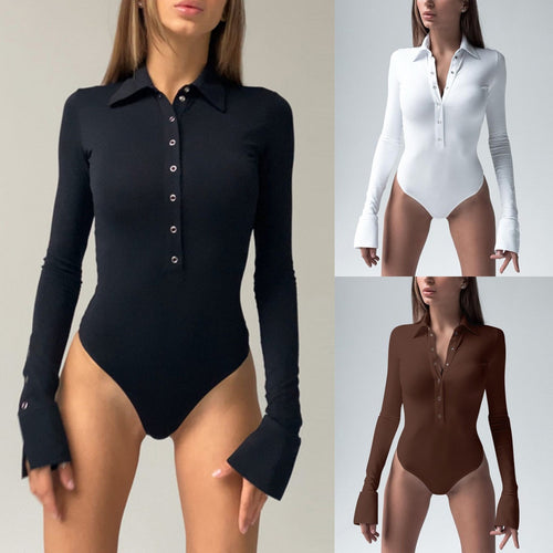 Damen Langarm-Bodysuit mit elegantem Kragen und durchgehender Knopfleiste R&B