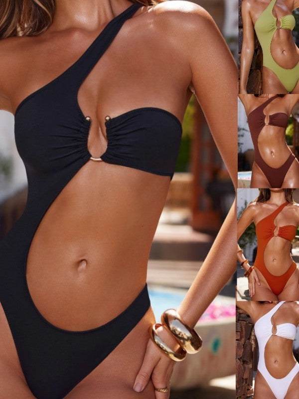 Damen Einseitiger Badeanzug mit Dekorativem Cut-Out und Rüschendetail R&B