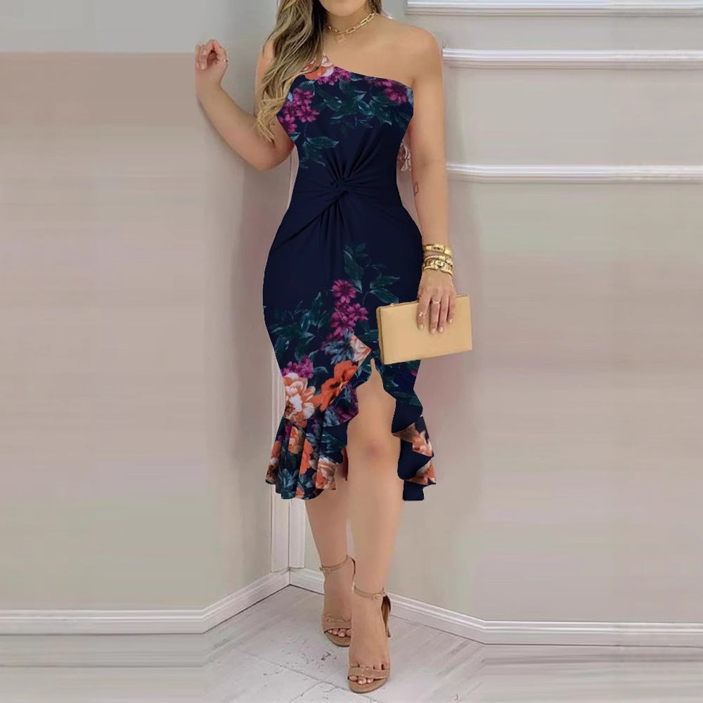 Damen Elegantes asymmetrisches Blumenkleid mit fließendem Saum und Raffung R&B