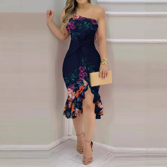 Damen Elegantes asymmetrisches Blumenkleid mit fließendem Saum und Raffung R&B
