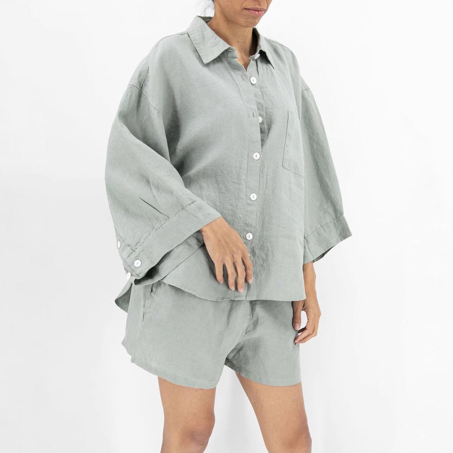 Damen Lässige Leinenbluse mit bequemen Schnitt und praktischen Taschen R&B