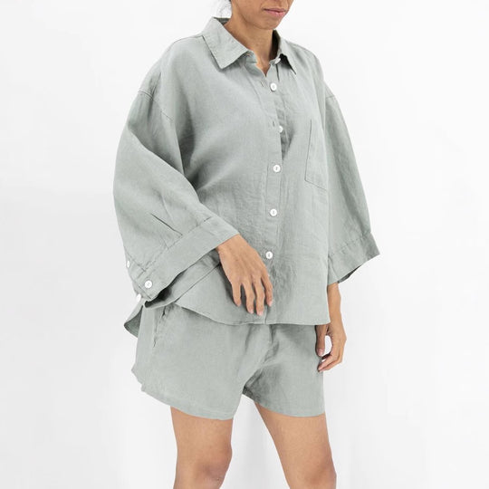 Damen Lässige Leinenbluse mit bequemen Schnitt und praktischen Taschen R&B