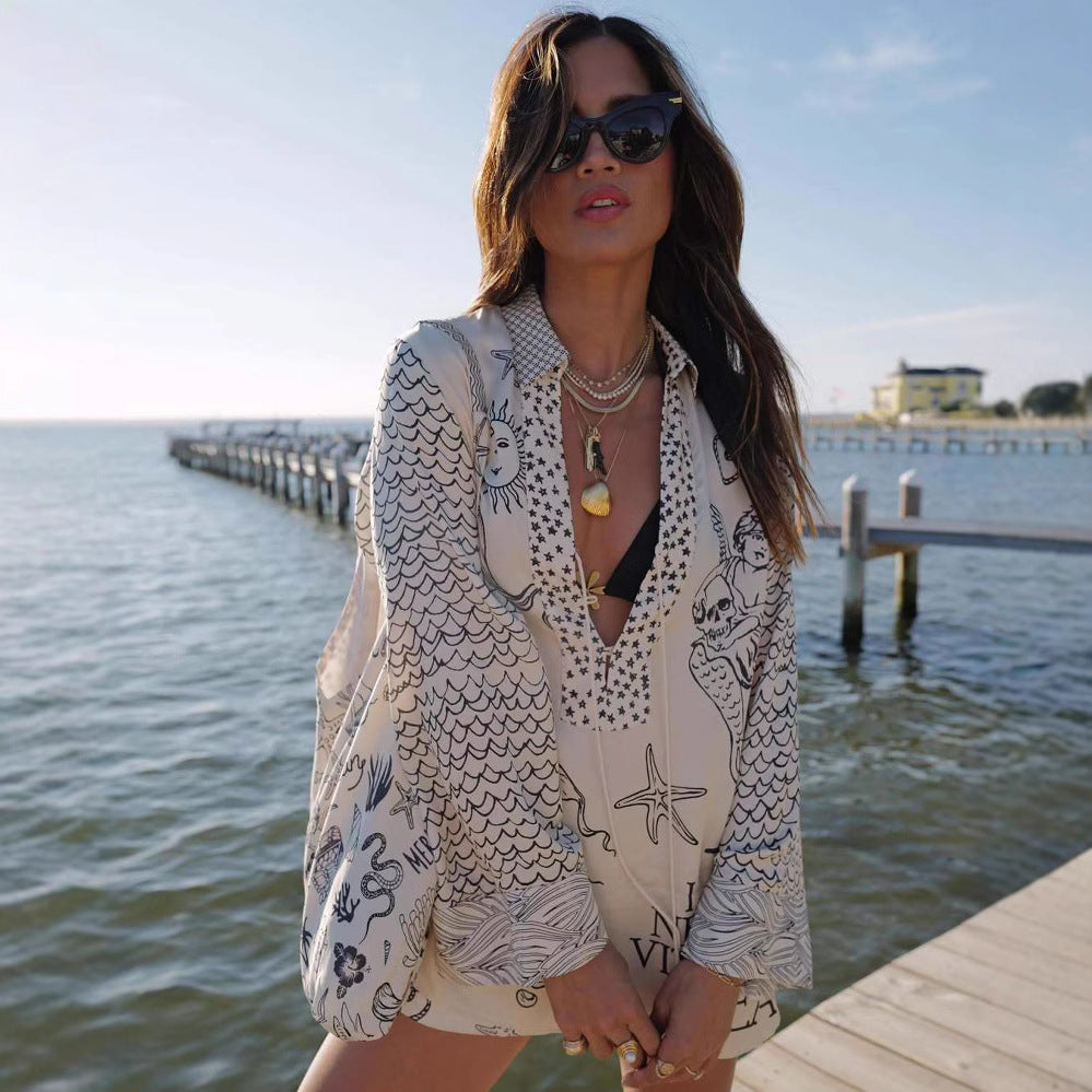Damen Strandbluse mit künstlerischem Grafikedruck und leichten Ärmel R&B