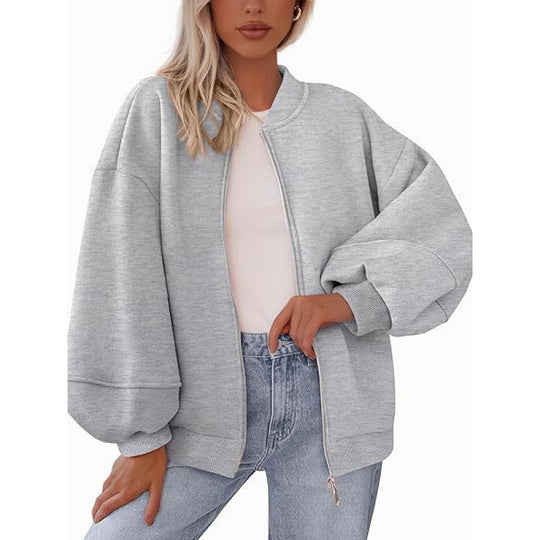 Damen lässige Oversized-Jacke mit Reißverschluss und ballonen Ärmeln R&B
