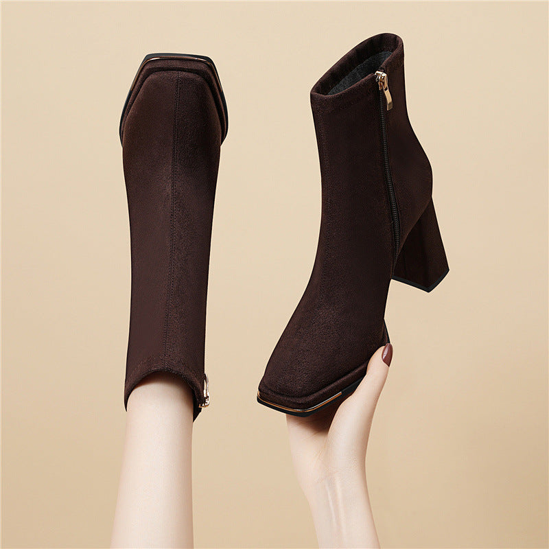 Damen stilvolle Stiefeletten mit Blockabsatz und Reißverschluss R&B
