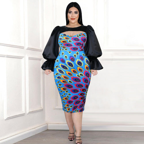Damen Midi-Kleid mit floralem Druck und eleganten Puffärmeln R&B
