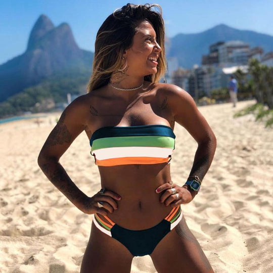 Damen Bandeau-Bikini mit farbigen Streifen R&B